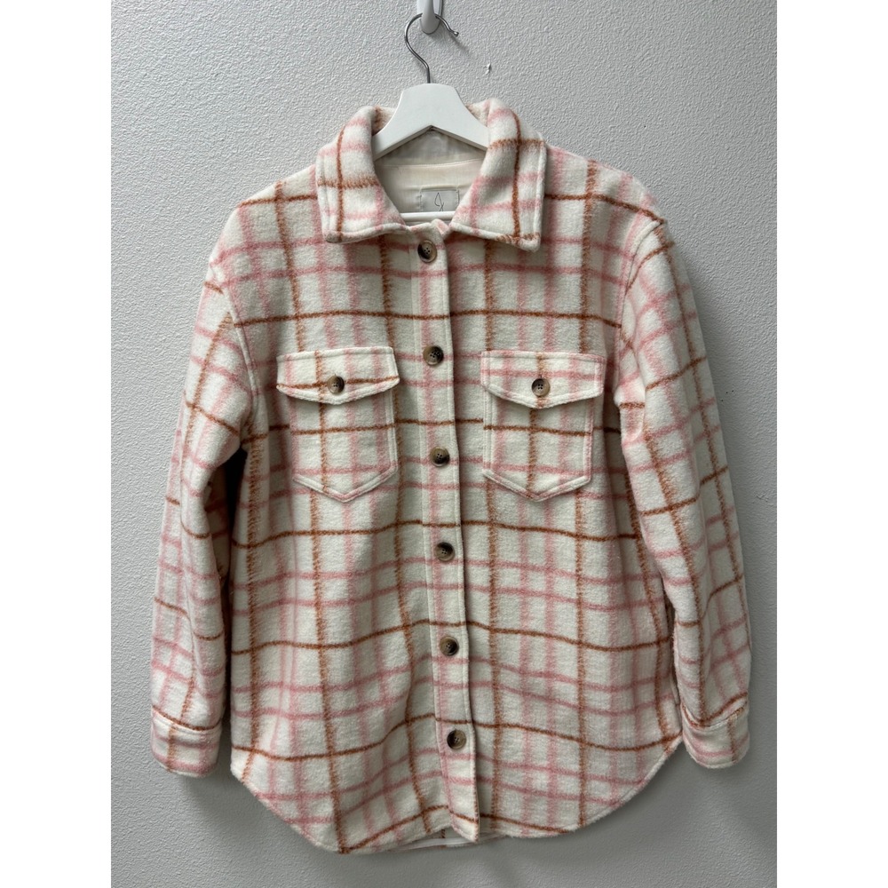 Joie Plaid Shirt‎ Jacket M Cream Pink Brown Button Front Shacket Top Flannel